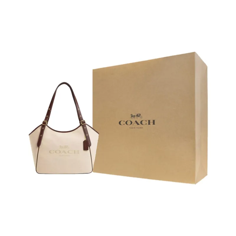 COACH Canvas With Smooth Leather Handbag Shoulder Bag Large Size Women's Gold & Natural Multicolor-7