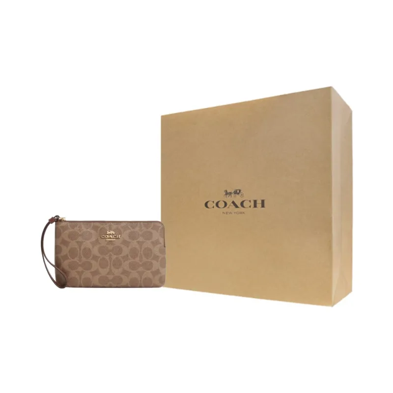 COACH Artificial Leather Wrist Bags Clutches Large Size Women's Brown Yellow-7
