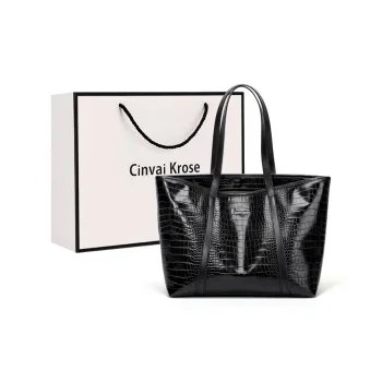 Simvay Clos PU Bonded Synthetic Leather Portable Tote Shoulder Bag Tote Shopping Bag Large Size Women's Black/Ecru