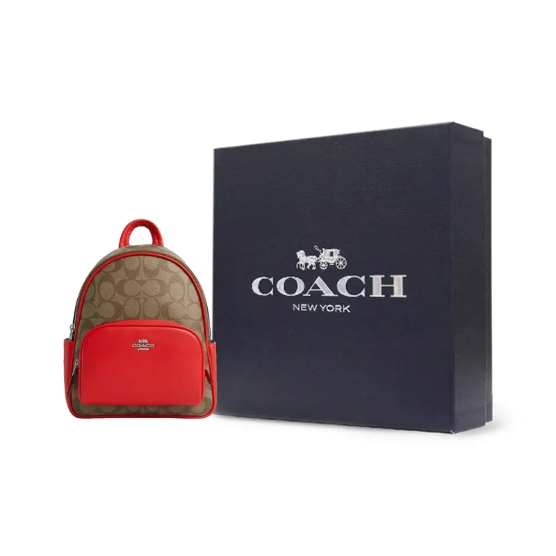 COACH Court Coated Canvas With Smooth Leather Backpack Small Size Women's Silver & Khaki & Miami Red-5