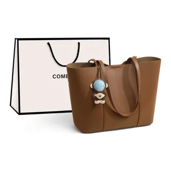 COMELY Cow Leather Patchwork Synthetic Leather Tote One Shoulder Handbag Medium Size Women's Brown