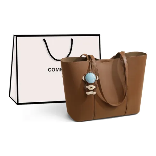 COMELY Cow Leather Patchwork Synthetic Leather Tote One Shoulder Handbag Medium Size Women's Brown