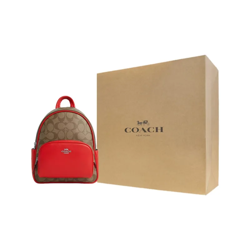 COACH Court Coated Canvas With Smooth Leather Backpack Small Size Women's Silver & Khaki & Miami Red-7