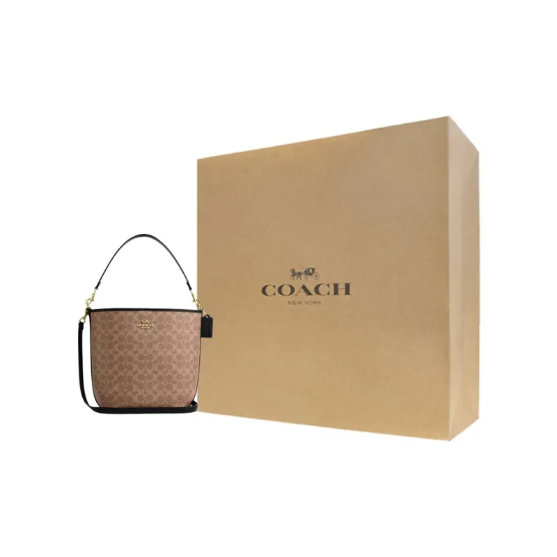 COACH City Signature Canvas Bucket Bags Shoulder Bag Crossbody Bag Handbag Large Size Women's Tan & Black-6