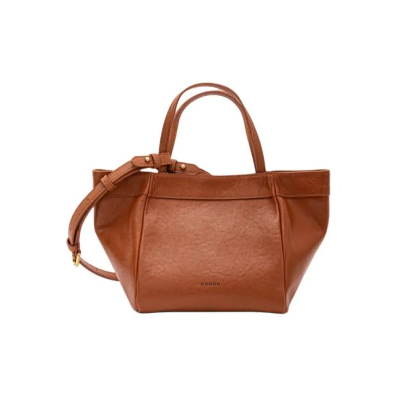 HONGU Cow Leather One Shoulder Handbag, Bucket Bag Trumpets Women's Brown/Pitch Black-2