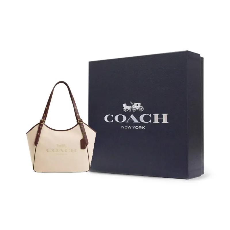 COACH Canvas With Smooth Leather Handbag Shoulder Bag Large Size Women's Gold & Natural Multicolor-5