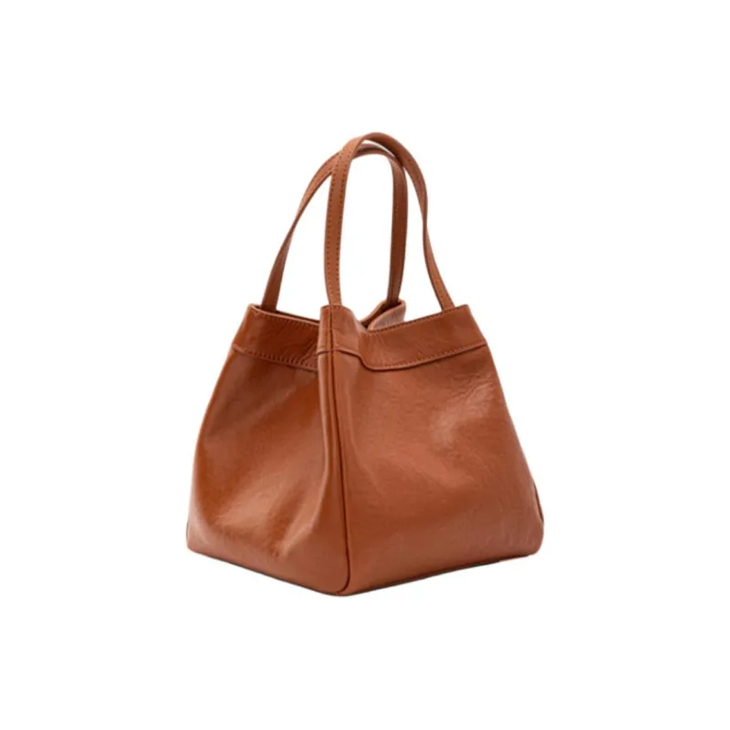 HONGU Cow Leather One Shoulder Handbag, Bucket Bag Trumpets Women's Brown/Pitch Black-3