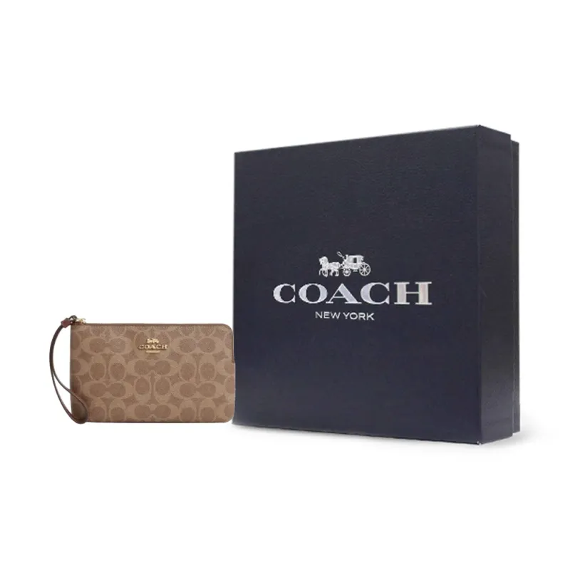 COACH Artificial Leather Wrist Bags Clutches Large Size Women's Brown Yellow-5
