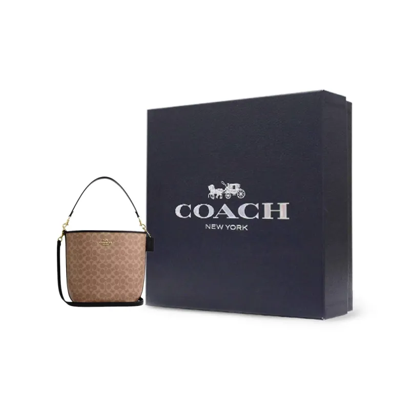 COACH City Signature Canvas Bucket Bags Shoulder Bag Crossbody Bag Handbag Large Size Women's Tan & Black-5