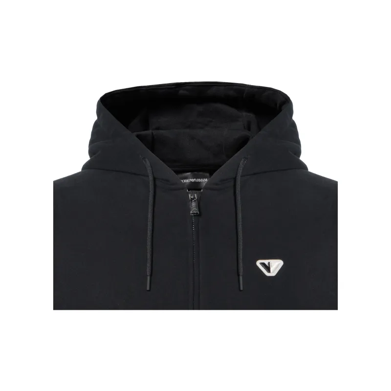 EMPORIO ARMANI FW24 Hooded Zip Closure Sweatshirt Thin Pile Version Men's Black-3