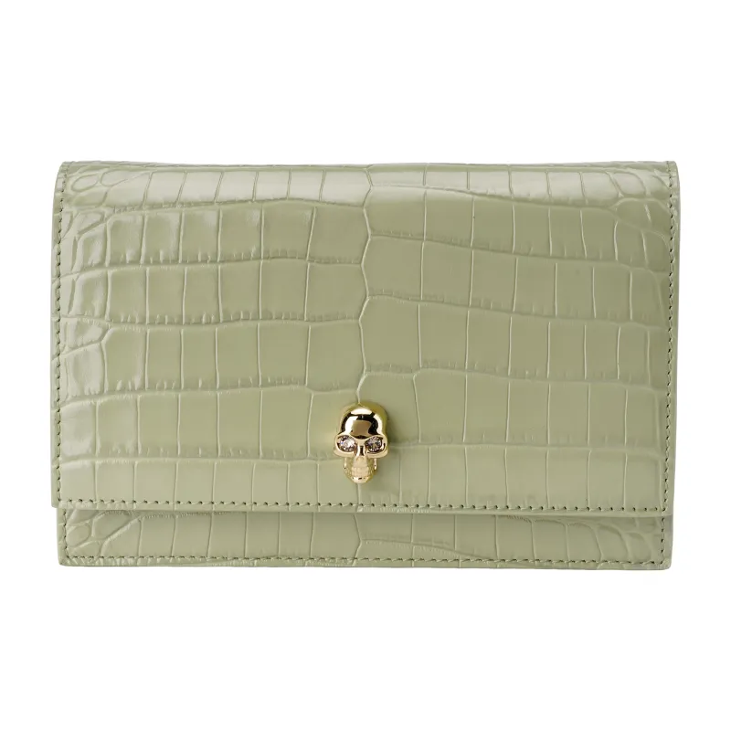 Alexander McQueen Embossed Crocodile Pattern Cow Leather Shoulder Bag Crossbody Bag Small Size Women's Green-0