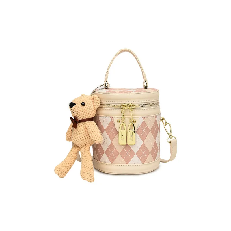 HCXK PU Bucket Bag, Portable Crossbody Bag, Shoulder Bag Unisex Black/Ecru/Khaki/Pink-17