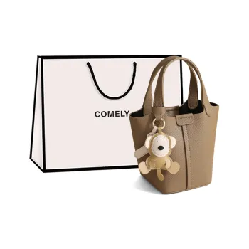 COMELY Cow Split Leather Bonded Synthetic Leather Bucket Bags One Shoulder Handbags Regular Women's Elephant Gray