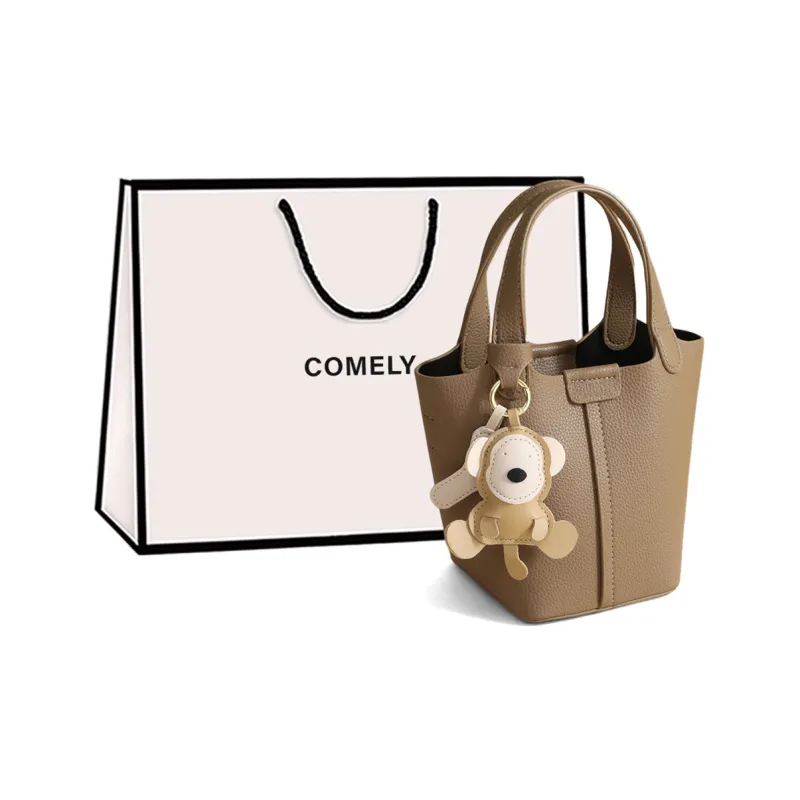 COMELY Cow Split Leather Bonded Synthetic Leather Bucket Bags One Shoulder Handbags Regular Women's Elephant Gray-0