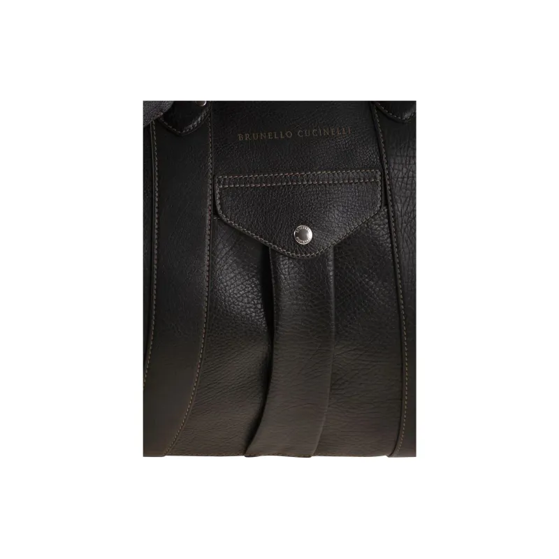 Brunello Cucinelli Grain Calfskin Handbag Travel Bag Men's Black-4