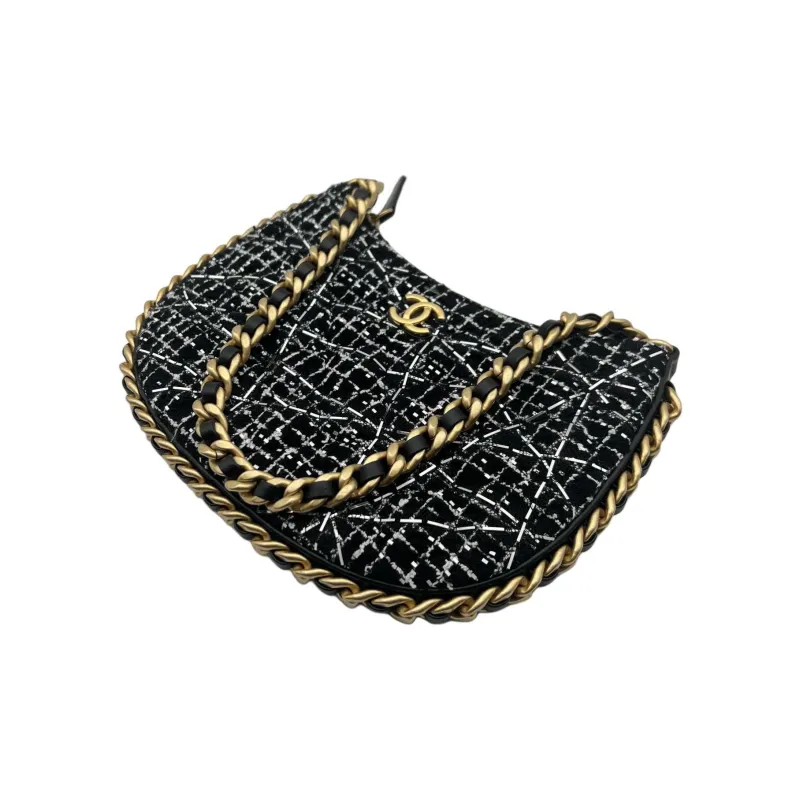 CHANEL Tweed Hobo Bag, Handbag, Shoulder Bag Women's Black White-2