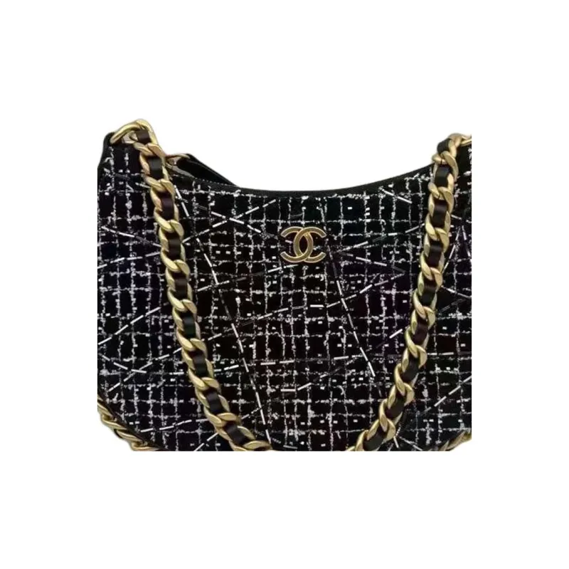 CHANEL Tweed Hobo Bag, Handbag, Shoulder Bag Women's Black White-3