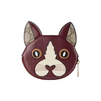 GUCCI Coated Canvas Coin Purse Women's Beige & Dark Brown