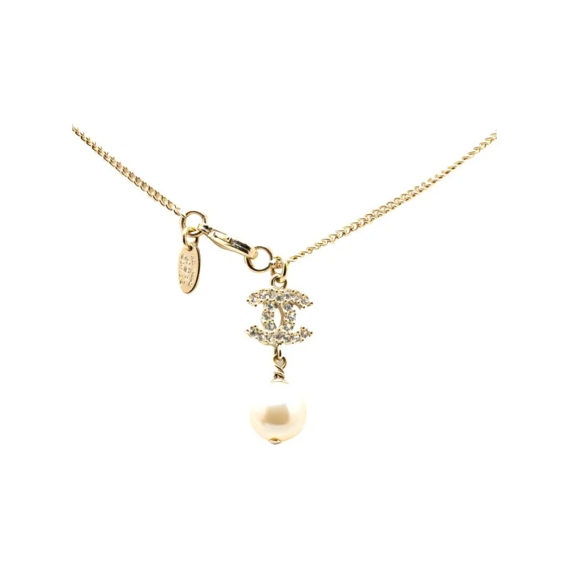 CHANEL 2010 Plated Faux Pearl Cc Rhinestones Pendant Costume Necklace-1