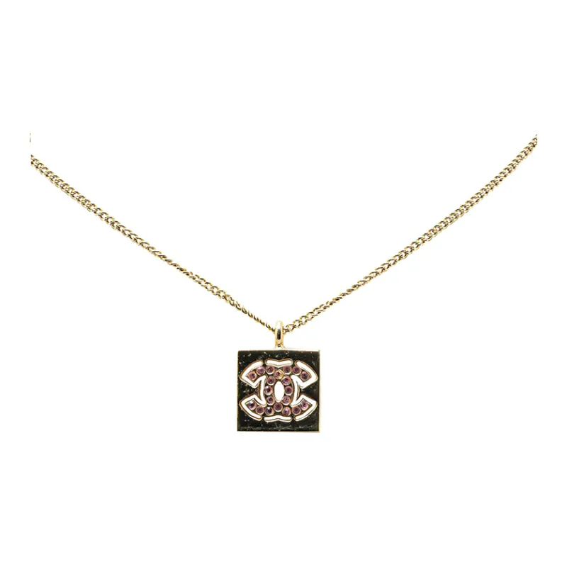 CHANEL 2002 Plated Rhinestone Cc Square Pendant Costume Necklace-1