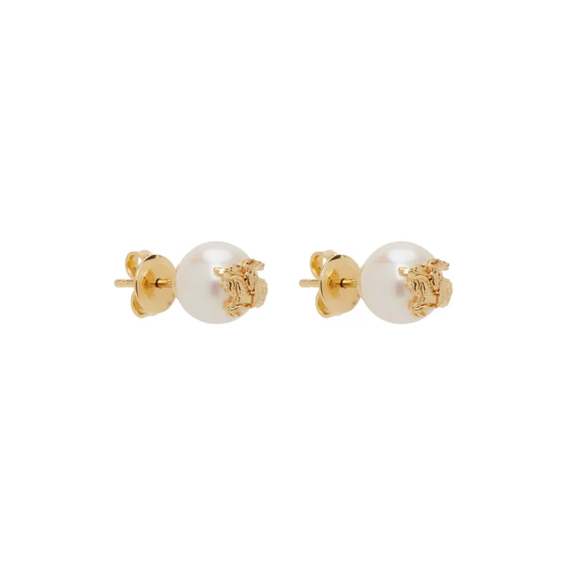 Burberry Pearl Brass Stud Earrings Women's Gold-1