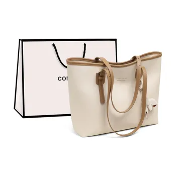 COMELY Cow Leather With Synthetic Leather Tote Bag, Shopping Bag, Handbag, Shoulder Bag Regular Women's Ecru