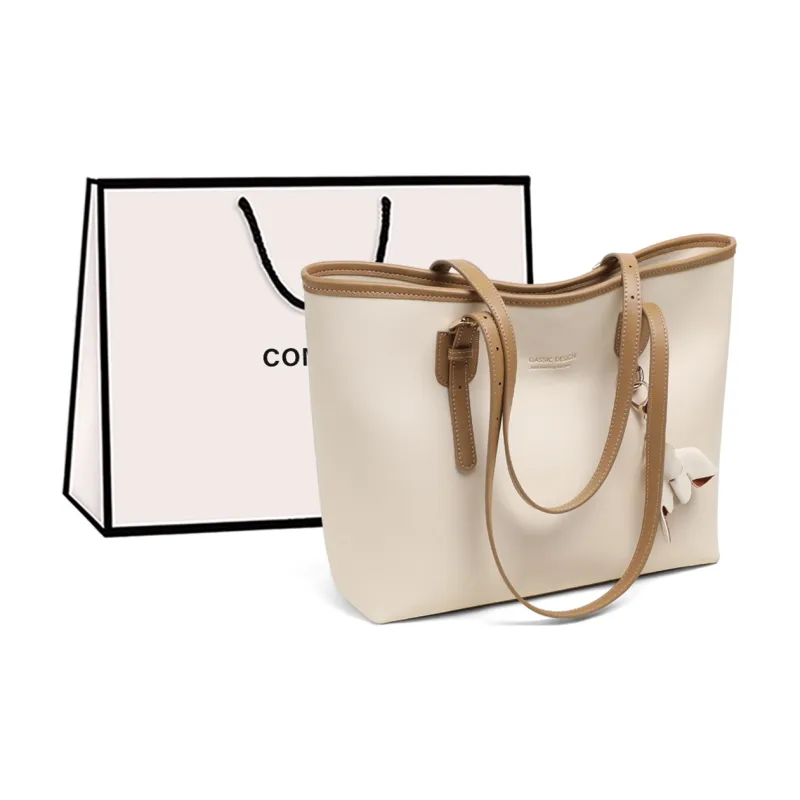 COMELY Cow Leather With Synthetic Leather Tote Bag, Shopping Bag, Handbag, Shoulder Bag Regular Women's Ecru-0