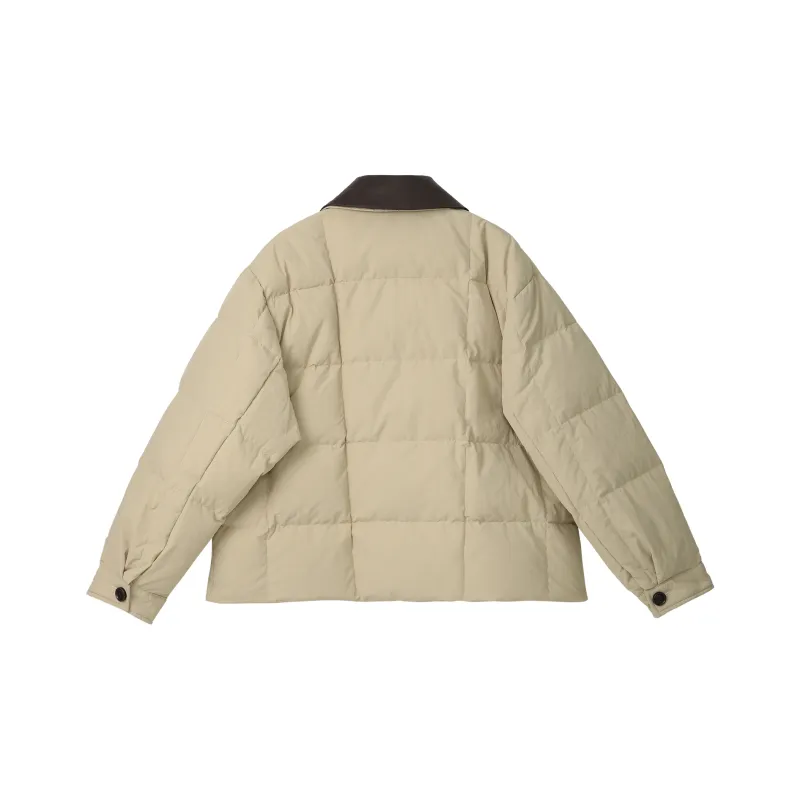 Fstudio Korean Style Color Blocking 90 Fill Power White Duck Down Cropped Down Jacket Coat Women's Khaki-1