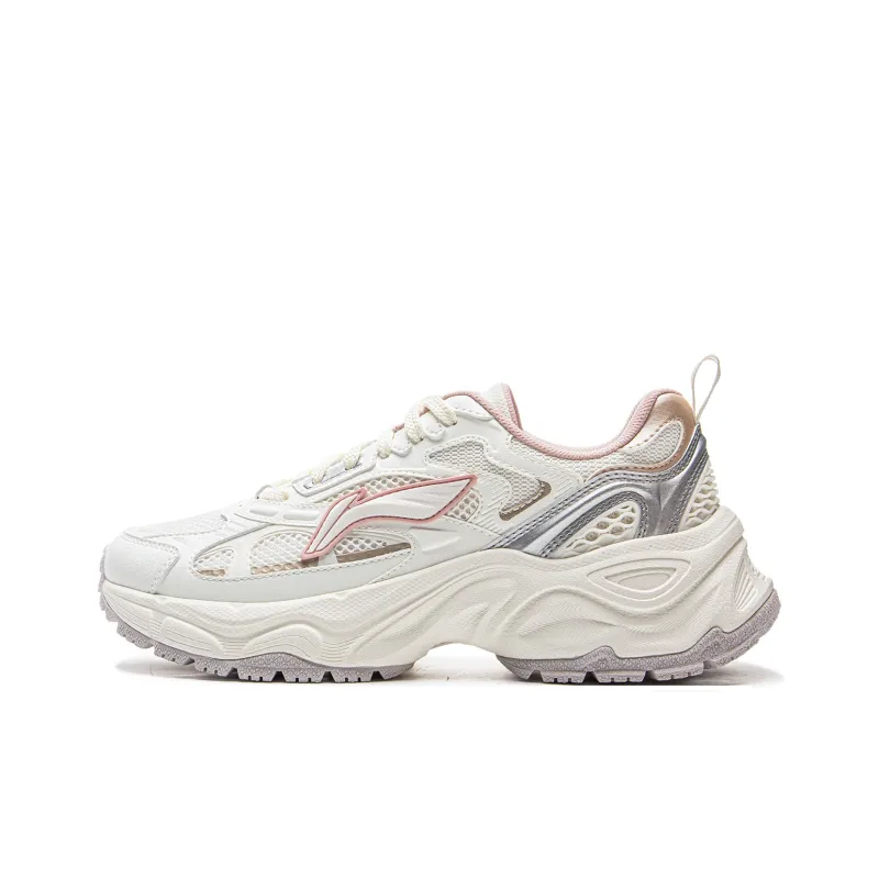 LiNing Star Ring Cushioned Slip Resistant Abrasion Resistant Breathable Low Top Casual Shoes Women's White Silver-0