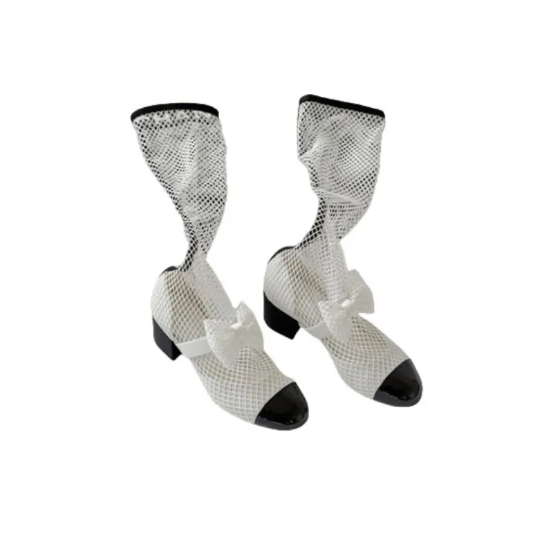 CHANEL Resille 55mm Knee High Mary Janes White Black Patent Calfskin Women's-4