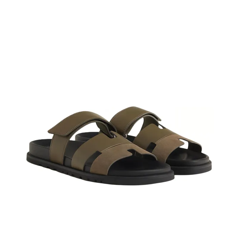 HERMES Chypre Slide Slippers Men Brown Green-2