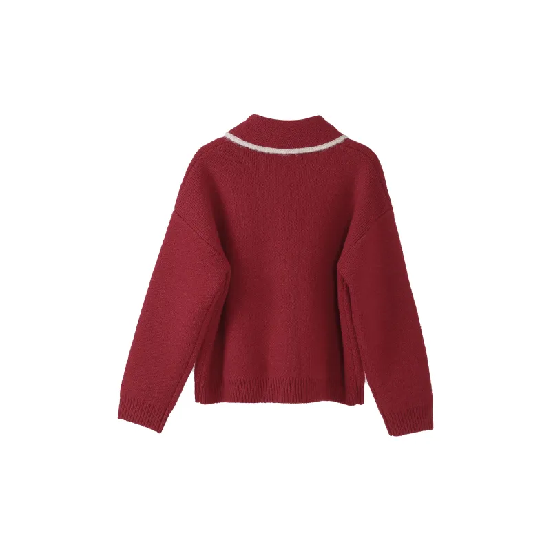Fstudio Korean Petite Cardigan Lapel Long Sleeved Knitwear Women's Red-1