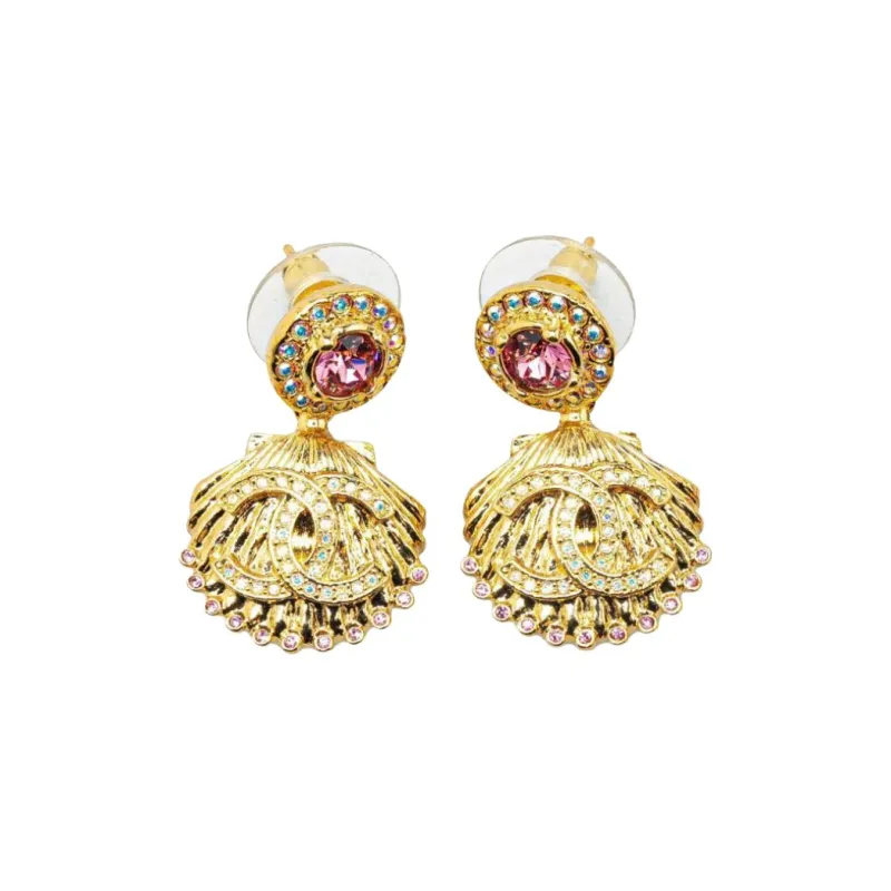 CHANEL 2023 Plated Cc Rhinestone Shell Drop Costume Earrings-2