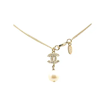 CHANEL 2010 Plated Faux Pearl Cc Rhinestones Pendant Costume Necklace