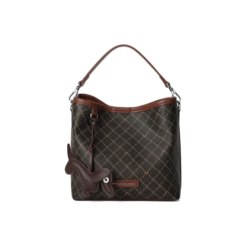 MEXICAN Polyurethane Leather Bucket Bag Handbag Women's Khaki/Dark Brown-3