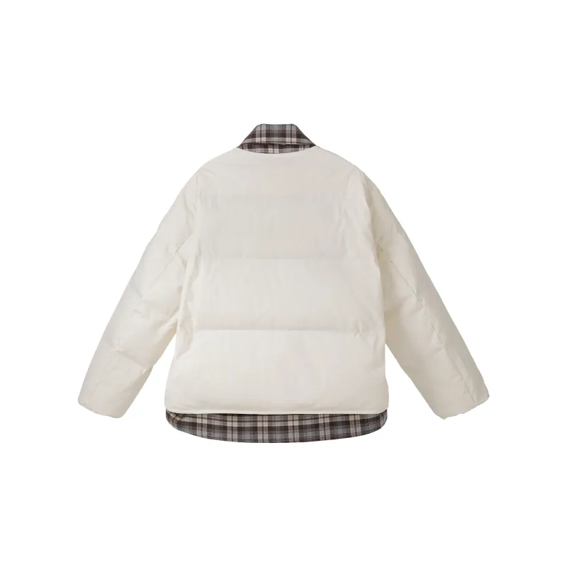 Fstudio Korean Solid Color Plaid Patchwork Design Mock Two Piece Down Jacket Women's Beige-1