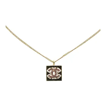 CHANEL 2002 Plated Rhinestone Cc Square Pendant Costume Necklace