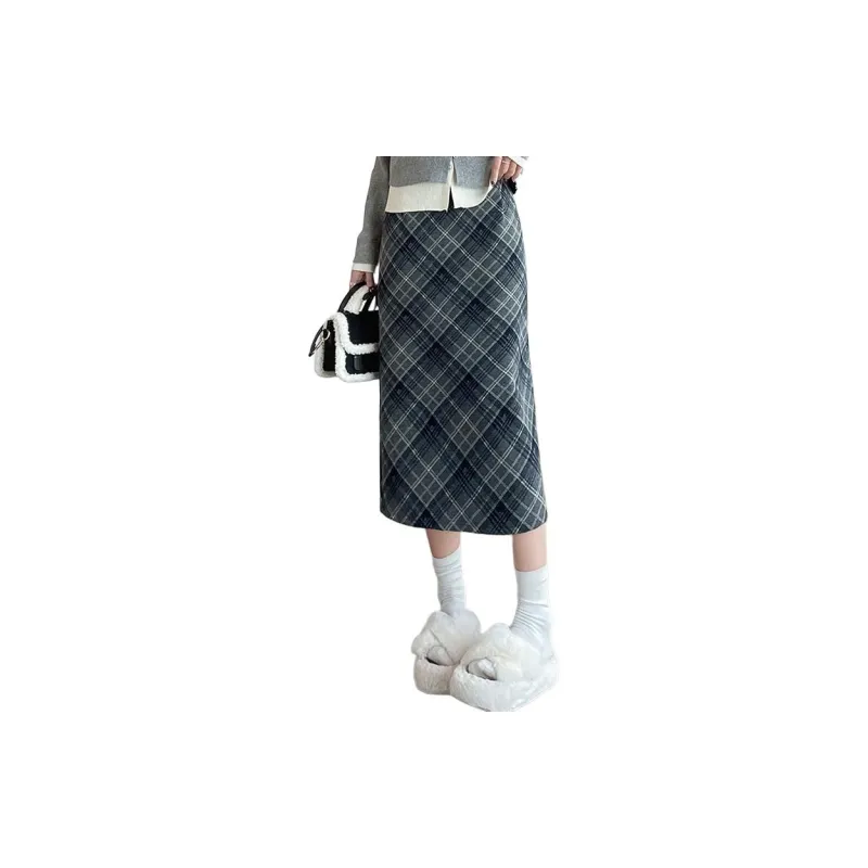 MM Casual Long Skirts Women's Blue Plaid-1