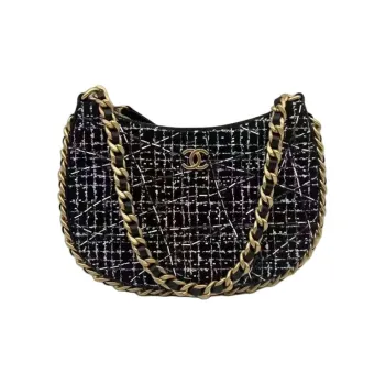 CHANEL Tweed Hobo Bag Handbag Shoulder Bag Women's Black White