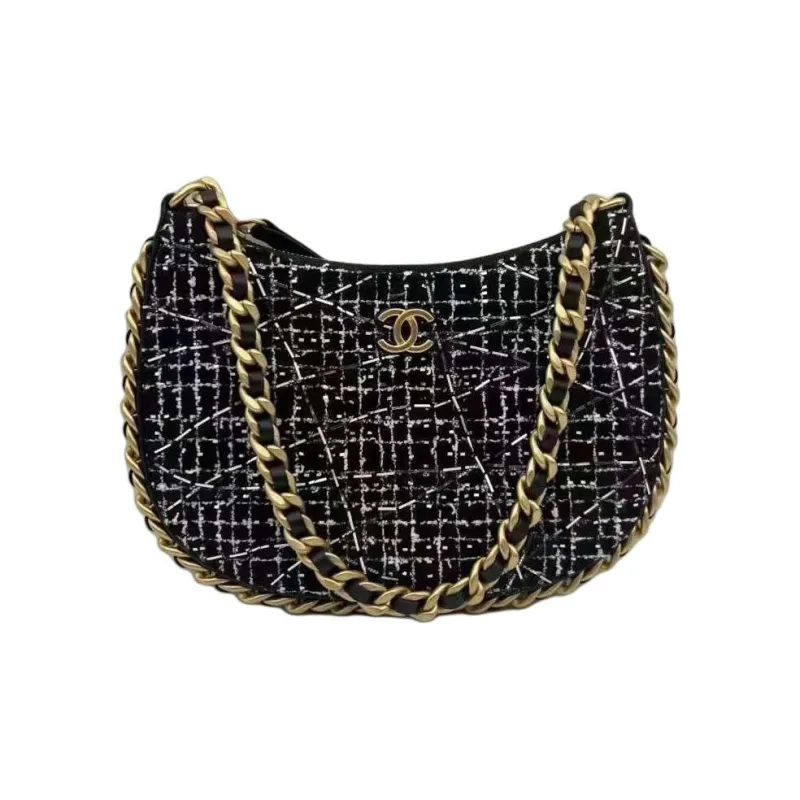 CHANEL Tweed Hobo Bag, Handbag, Shoulder Bag Women's Black White-0
