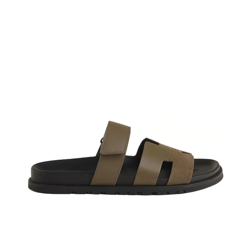 HERMES Chypre Slide Slippers Men Brown Green-1
