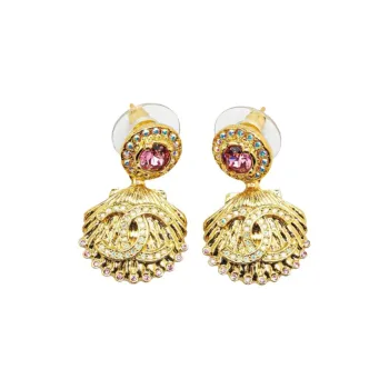 CHANEL 2023 Plated Cc Rhinestone Shell Drop Costume Earrings