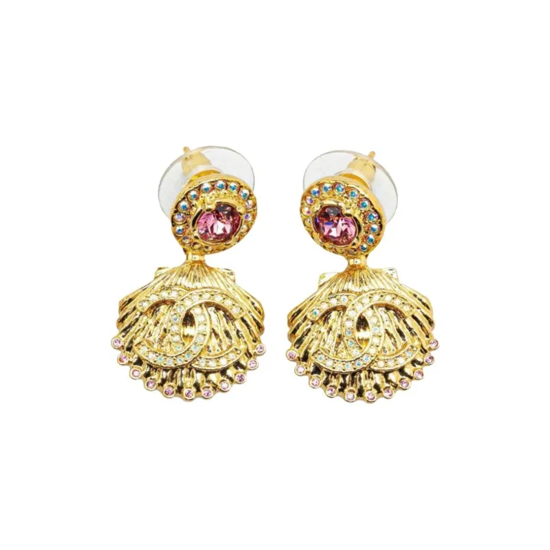 CHANEL 2023 Plated Cc Rhinestone Shell Drop Costume Earrings-0