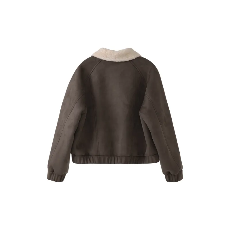 Fstudio Fall And Winter Suede Patchwork Lambswool Cropped Coat Women's Coffee-1