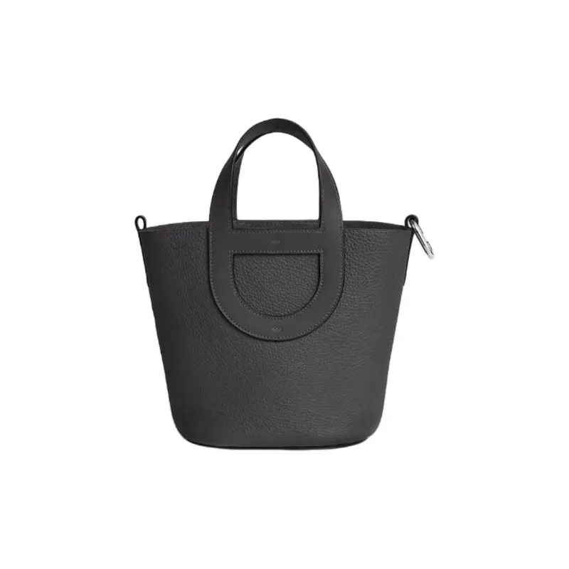 HERMES In The Loop Clemence Bullhide With Swift Leather Basket Bag Pig Nose Bucket Bag Handbag Women's Charcoal Black-0