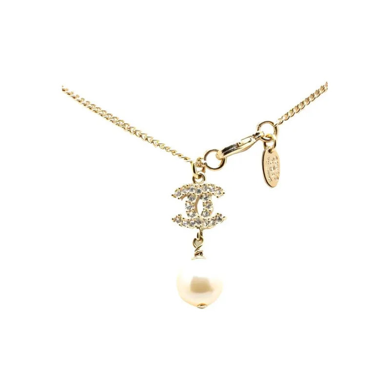 CHANEL 2010 Plated Faux Pearl Cc Rhinestones Pendant Costume Necklace-2
