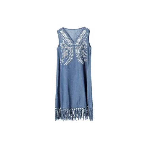 LIEBO Sleeveless Dress Women's Feather Fan Bean Blue