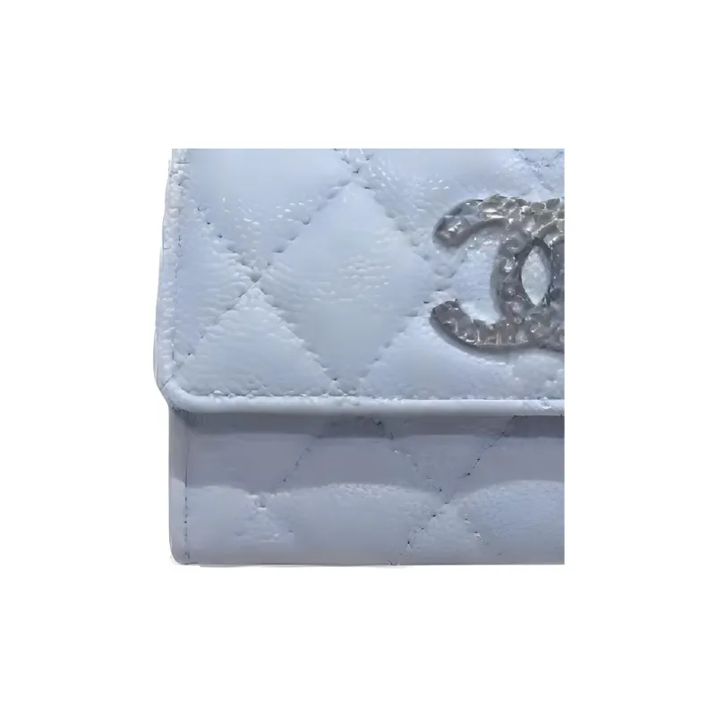 CHANEL Leather Tri Fold Card Holder, Coin Purse Women's Gray Blue-2