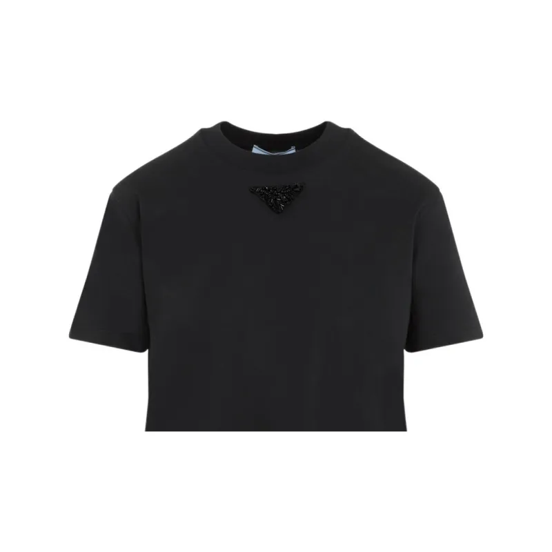 PRADA Solid Color Logo Emblem Round Neck Pullover Short Sleeved T Shirt Women's Smoke Gray-4