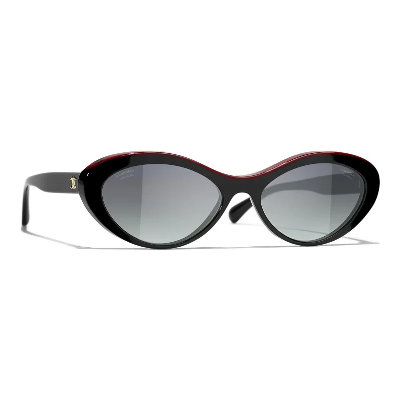 CHANEL Acetate Oval Sunglasses Women's Black Red-3